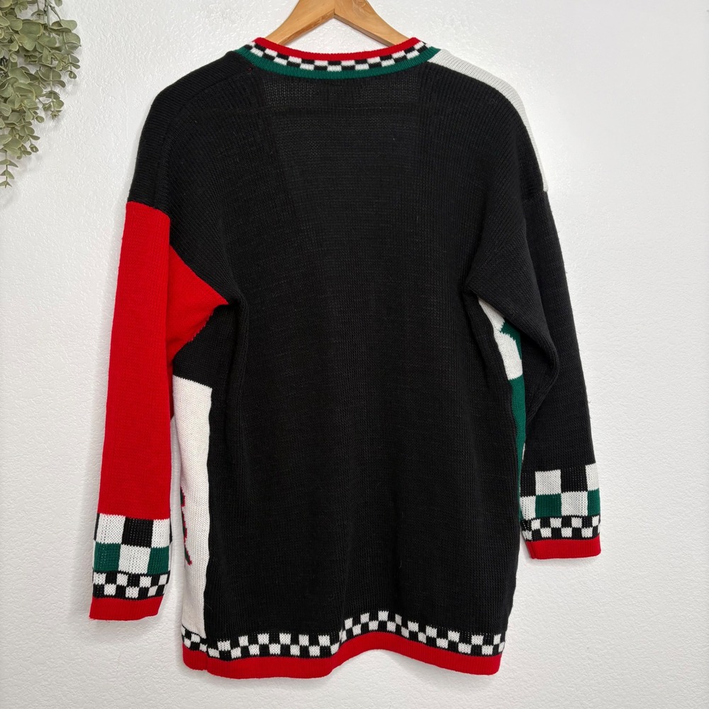 Peanuts Snoopy Christmas Cardigan Sweater Colorblock Checkered Trim V-Neck - Picture 8 of 10